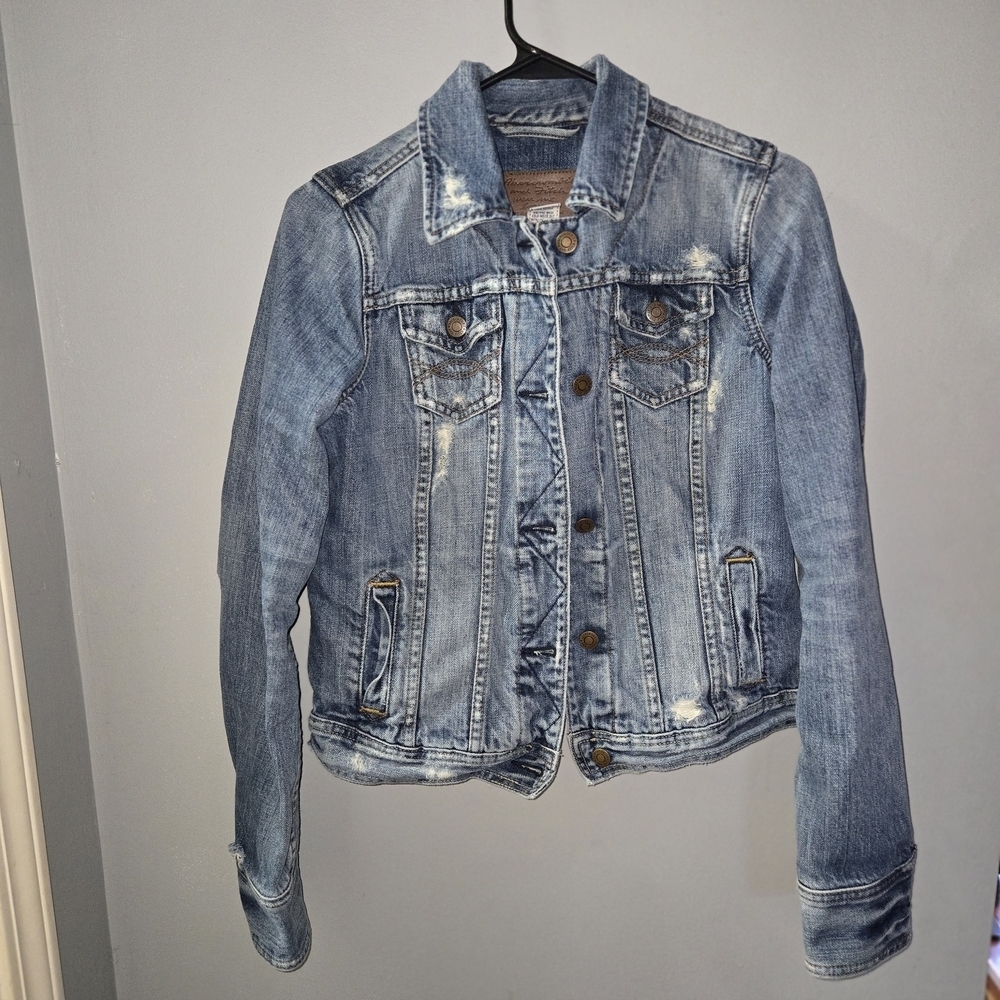 Vtg Medium Abercrombie Jean Denim Jacket W Retro Leather Label Y2k Distressed